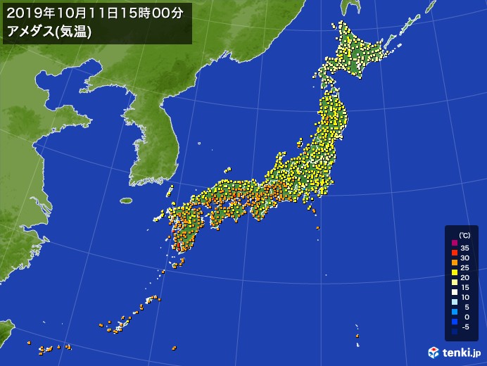 過去のアメダス実況 19年10月11日 気温 日本気象協会 Tenki Jp