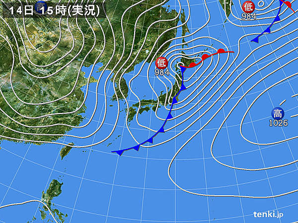 実況天気図(2016年02月14日)