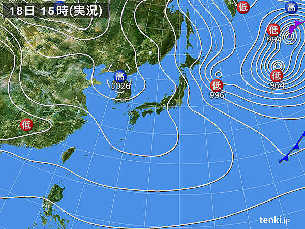 実況天気図(2018年02月18日)