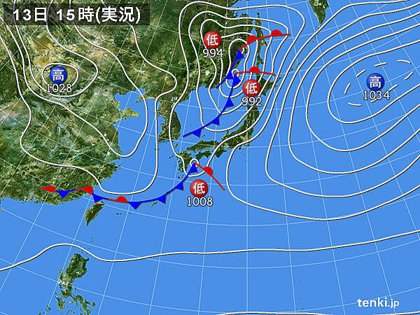 実況天気図(2021年04月13日)