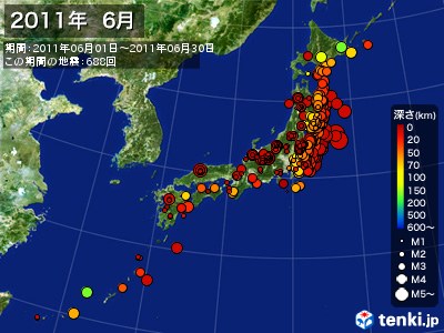 2011年06月の震央分布図