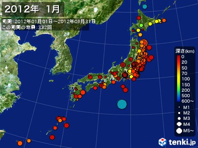 2012年01月の震央分布図