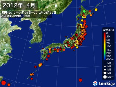 2012年04月の震央分布図