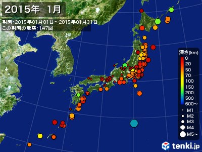 2015年01月の震央分布図