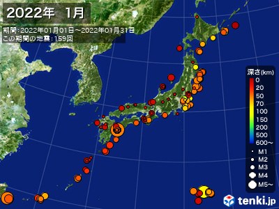 2022年01月の震央分布図