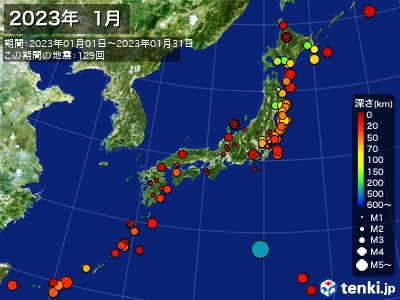 2023年01月の震央分布図