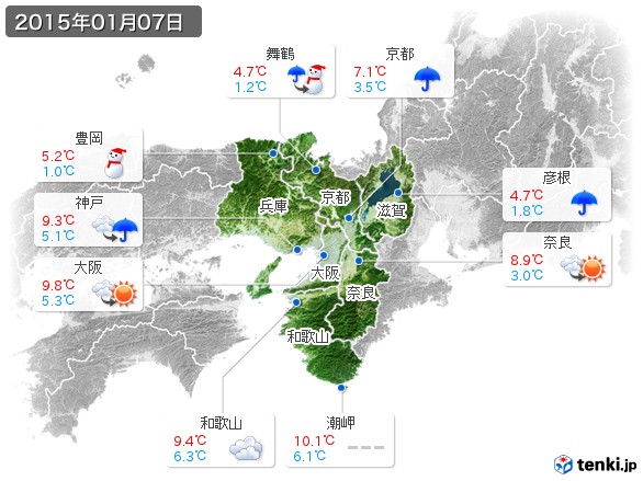 近畿地方(2015年01月07日の天気