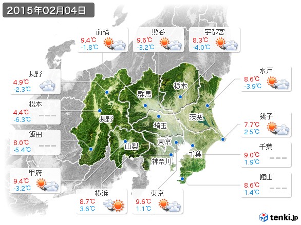 関東・甲信地方(2015年02月04日の天気