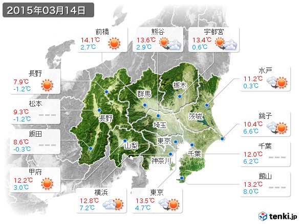 関東・甲信地方(2015年03月14日の天気