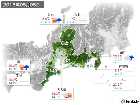 東海地方(2015年05月05日の天気