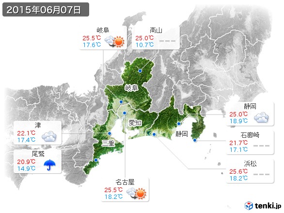 東海地方(2015年06月07日の天気