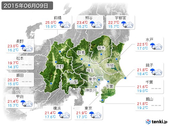 関東・甲信地方(2015年06月09日の天気