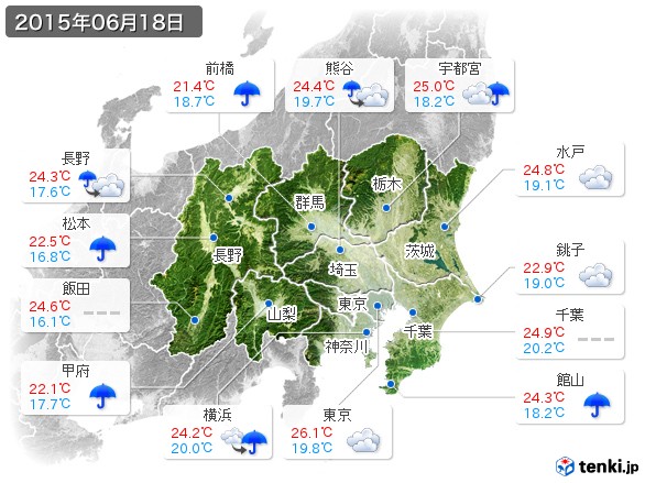 関東・甲信地方(2015年06月18日の天気
