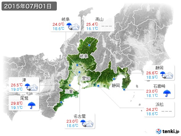 東海地方(2015年07月01日の天気