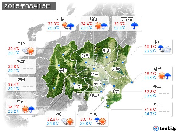 関東・甲信地方(2015年08月15日の天気