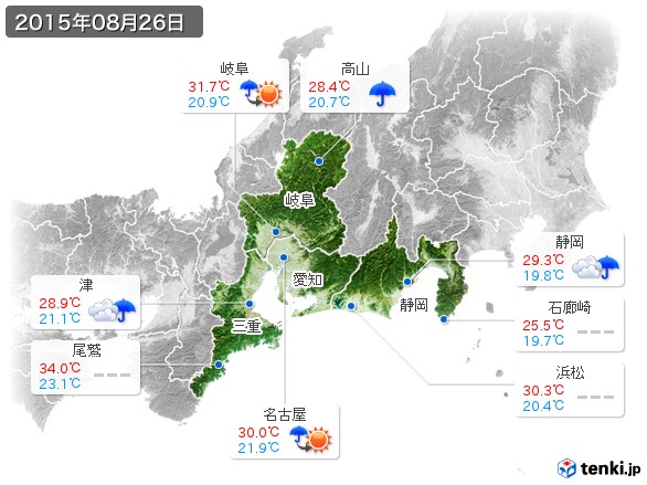 東海地方(2015年08月26日の天気