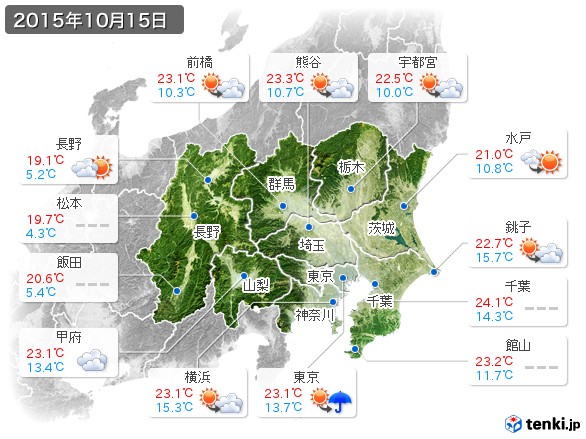 関東・甲信地方(2015年10月15日の天気