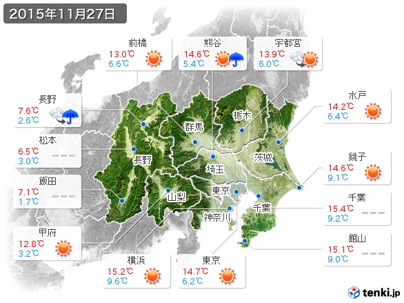 関東・甲信地方(2015年11月27日の天気