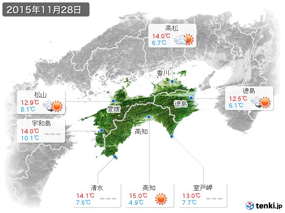 四国地方(2015年11月28日の天気