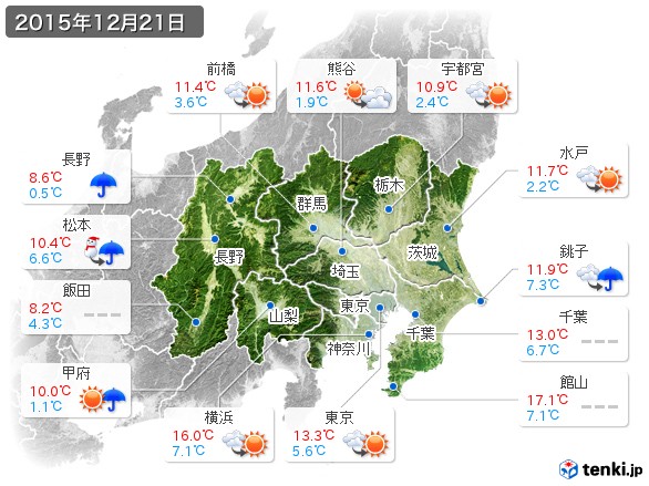 関東・甲信地方(2015年12月21日の天気