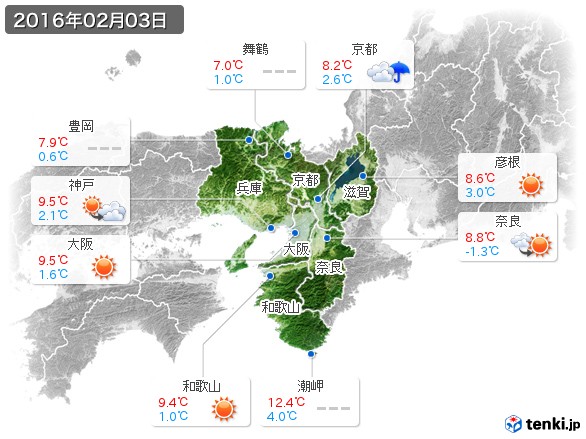 近畿地方(2016年02月03日の天気