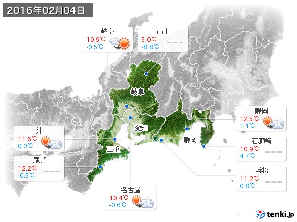 東海地方(2016年02月04日の天気