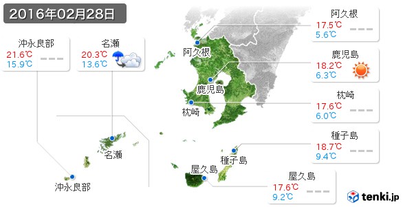 鹿児島県(2016年02月28日の天気