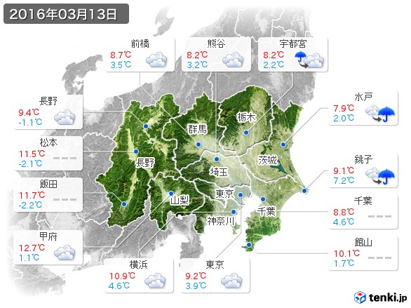 関東・甲信地方(2016年03月13日の天気