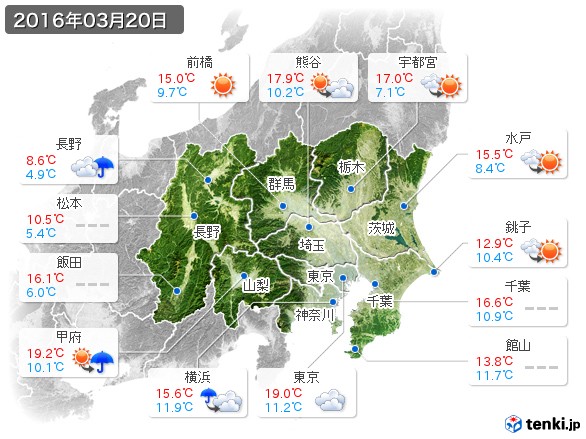 関東・甲信地方(2016年03月20日の天気