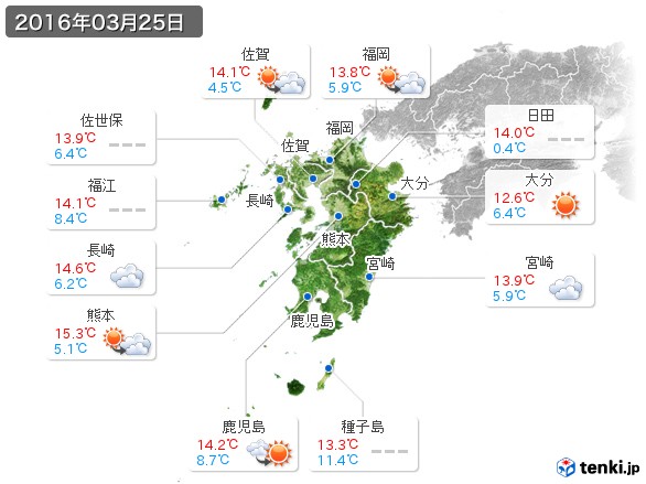 九州地方(2016年03月25日の天気