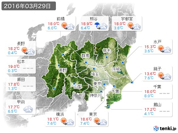 関東・甲信地方(2016年03月29日の天気