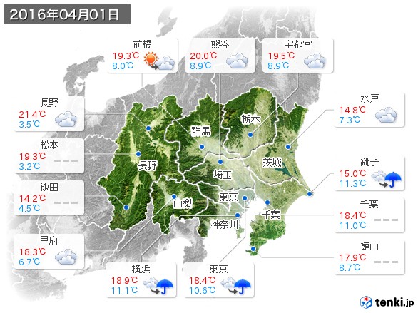 関東・甲信地方(2016年04月01日の天気