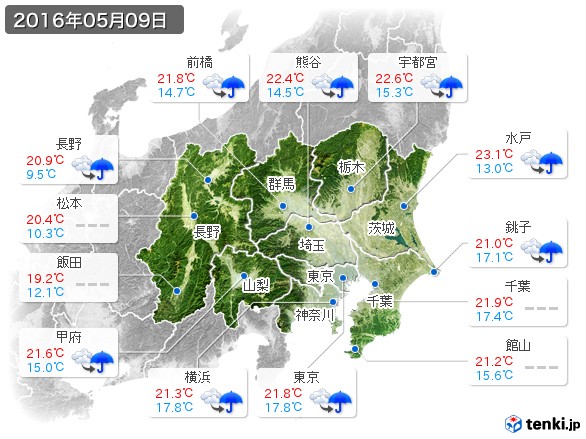 関東・甲信地方(2016年05月09日の天気