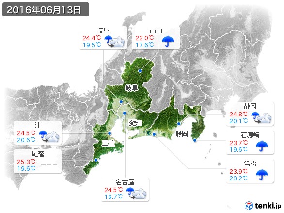 東海地方(2016年06月13日の天気