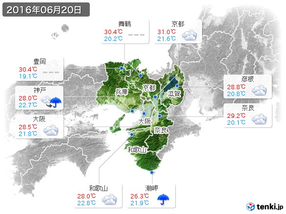 近畿地方(2016年06月20日の天気