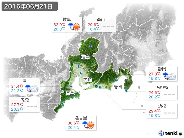 東海地方(2016年06月21日の天気