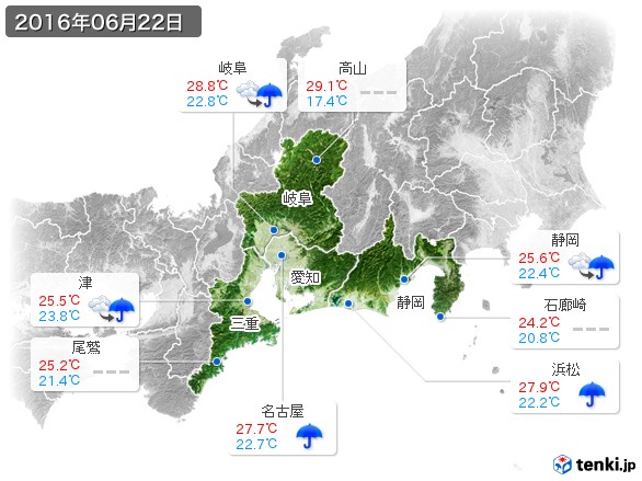 東海地方(2016年06月22日の天気