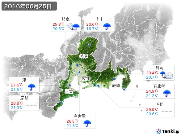 東海地方(2016年06月25日の天気