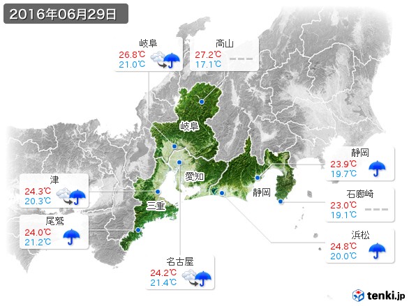 東海地方(2016年06月29日の天気