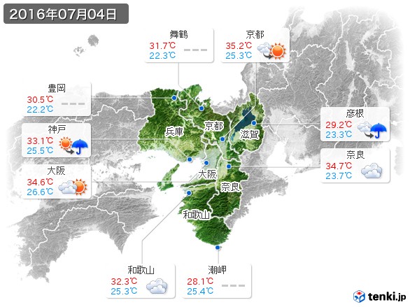 近畿地方(2016年07月04日の天気