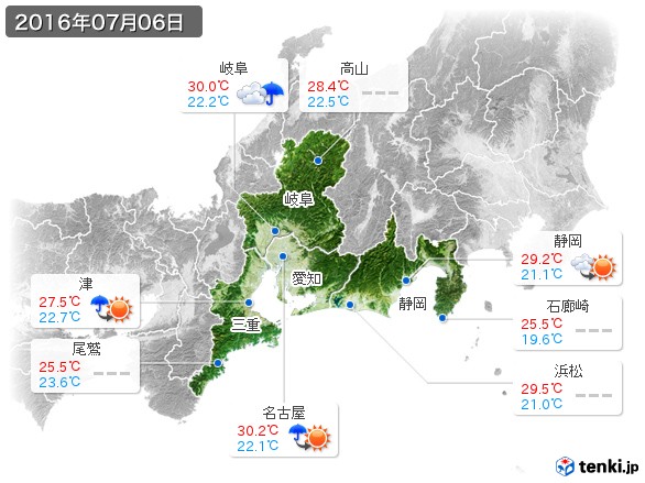 東海地方(2016年07月06日の天気