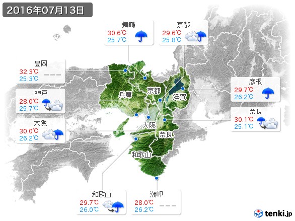 近畿地方(2016年07月13日の天気