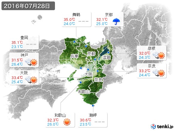 近畿地方(2016年07月28日の天気