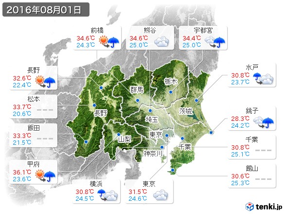 関東・甲信地方(2016年08月01日の天気