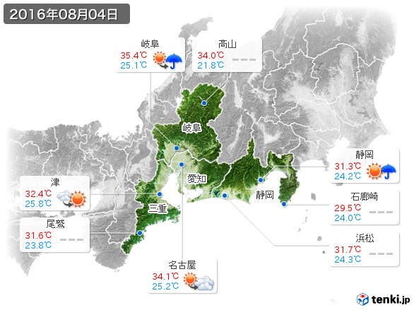 東海地方(2016年08月04日の天気