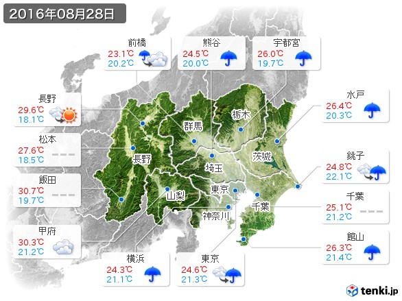 関東・甲信地方(2016年08月28日の天気