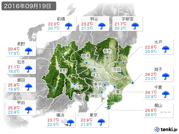 関東・甲信地方(2016年09月19日の天気