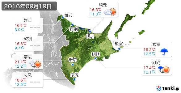 道東(2016年09月19日の天気