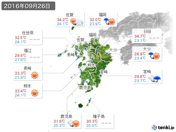 九州地方(2016年09月26日の天気