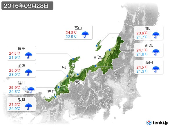 北陸地方(2016年09月28日の天気